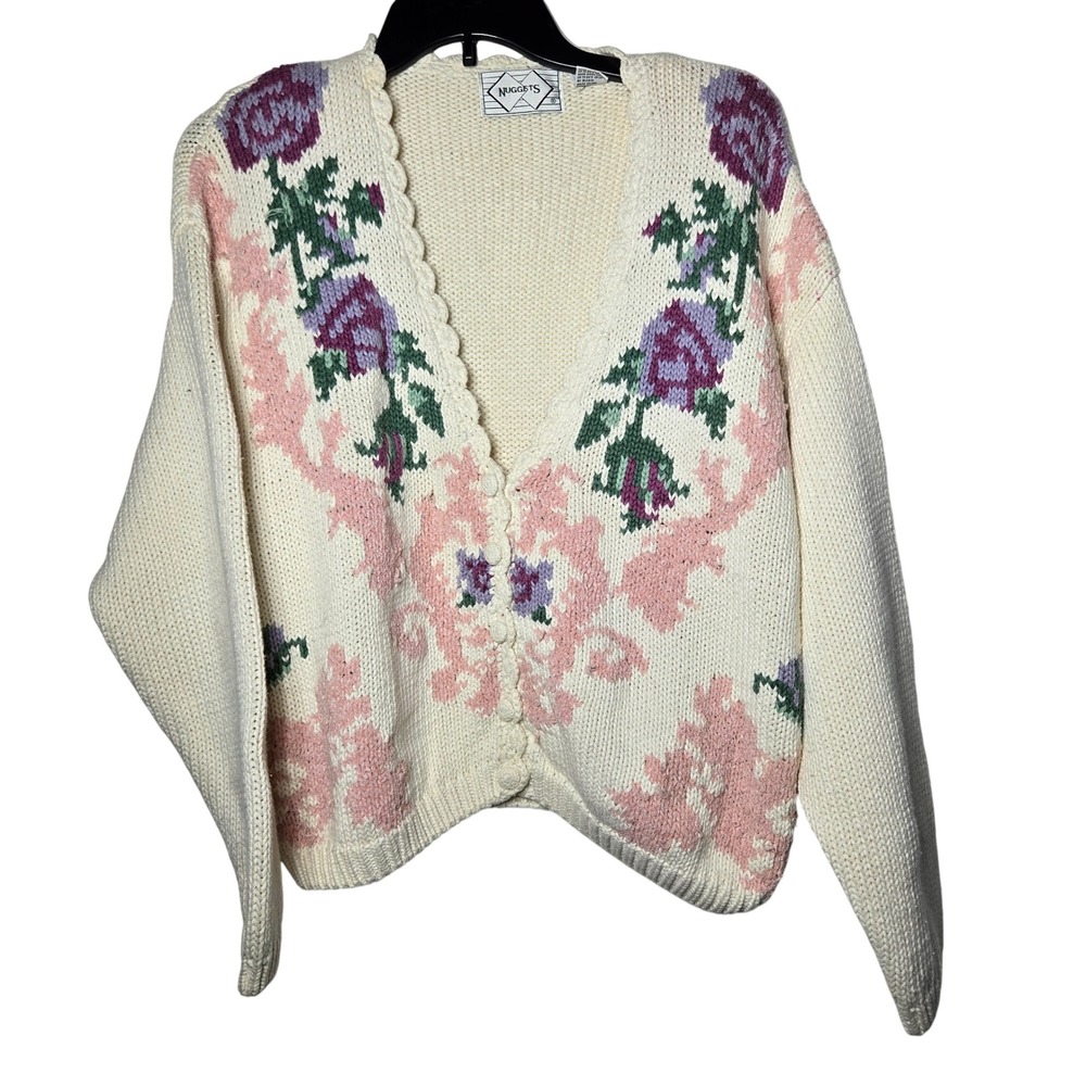 Vintage Floral Embroidered Button Front‎ Cardigan Sweater Medium Cottage Grandma